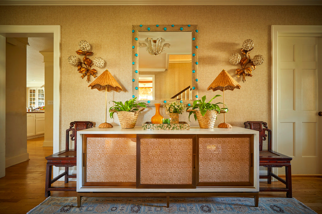 oak mirror, oak, turqoise beads, mirror