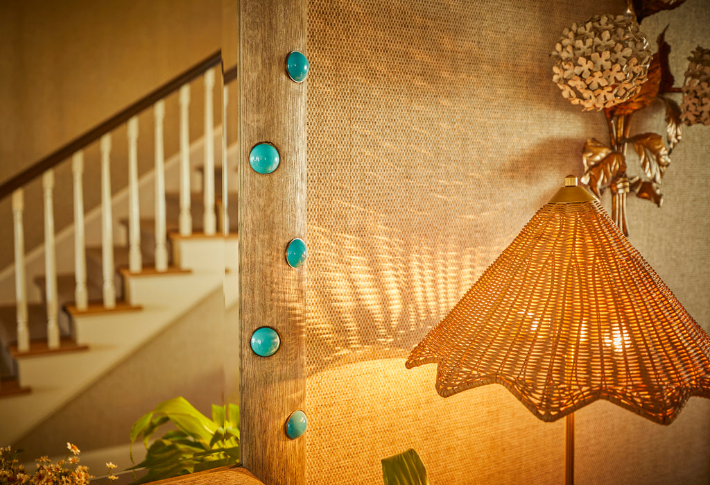 oak mirror, oak, turqoise beads, mirror